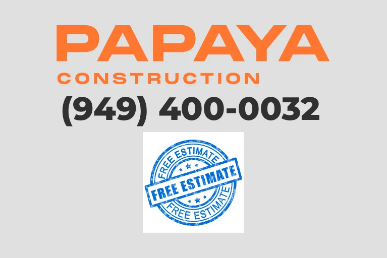 Free estimate promotional banner for Papaya Construction with phone number (949) 400-0032 and blue stamped graphic encouraging customers to request a quote.