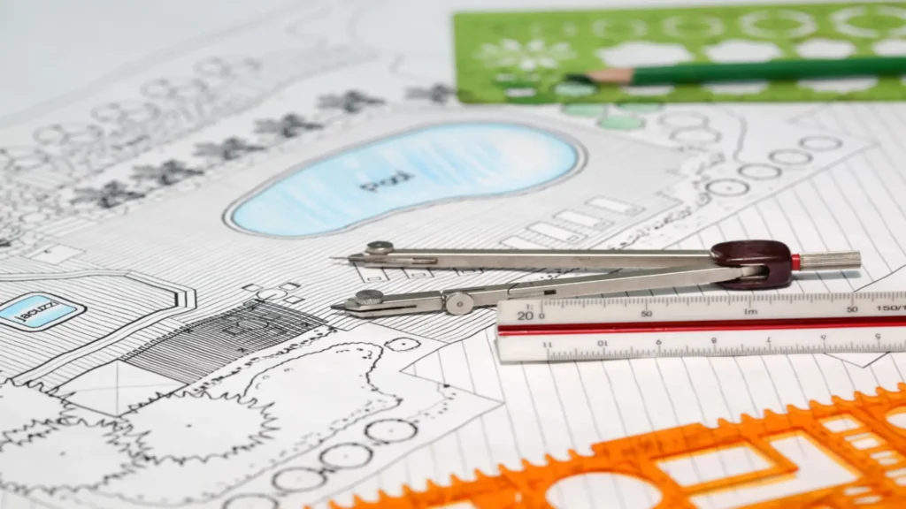 Landscape design blueprint with pool layout and drafting tools, representing the planning phase of outdoor design in Southern California