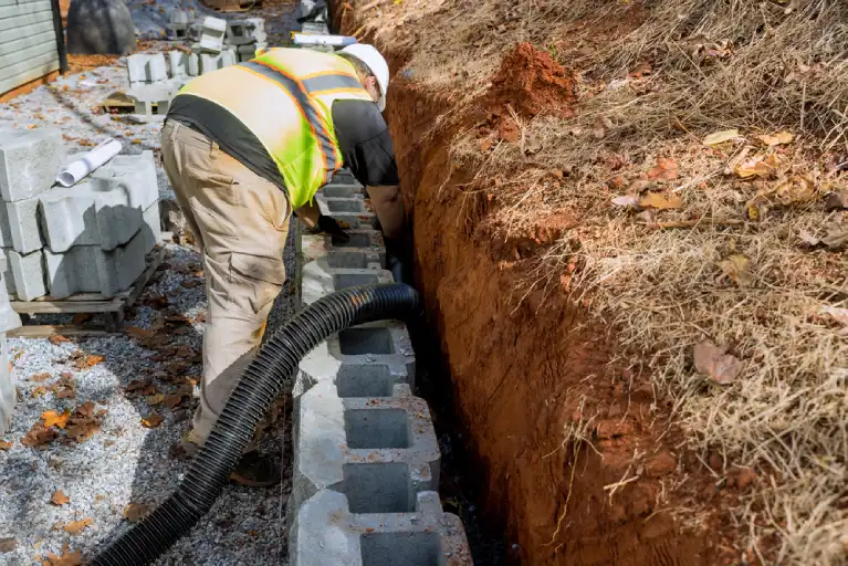 Contractor installing drainage system behind a retaining wall in Costa Mesa to prevent water buildup and ensure long-term structural integrity