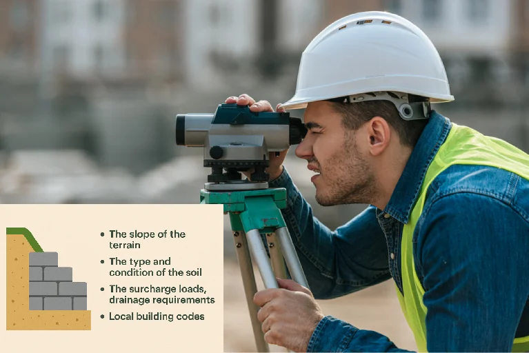 Engineer using surveying equipment to assess terrain and determine retaining wall height based on slope, soil, drainage, and building codes