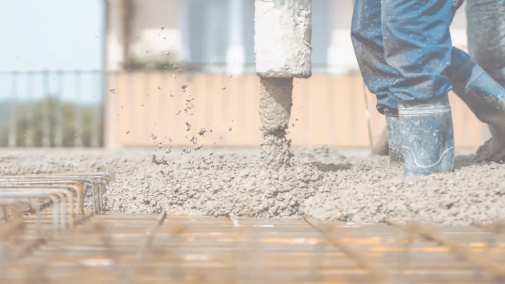 Worker pouring concrete foundation with rebar reinforcement in Southern California construction project