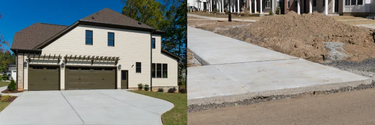Finished residential concrete driveway and newly constructed sidewalk in Southern California for lasting beauty and durability