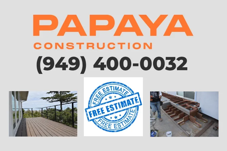 Free estimate banner for Papaya Construction—trusted Orange County deck construction contractors offering expert services and quality craftsmanship.