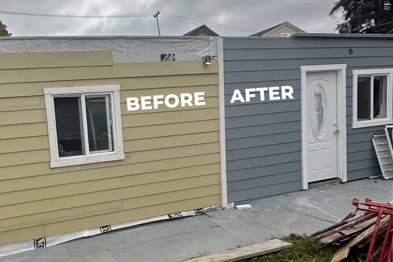 Before and after exterior house painting in Garden Grove, showcasing a fresh modern color upgrade for improved curb appeal and protection.