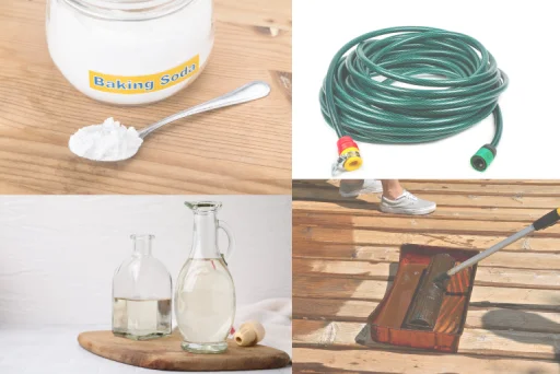 Essential deck cleaning tools to eliminate mildew and mold—featuring baking soda, white vinegar, garden hose, and scrub brush for effective DIY deck maintenance.