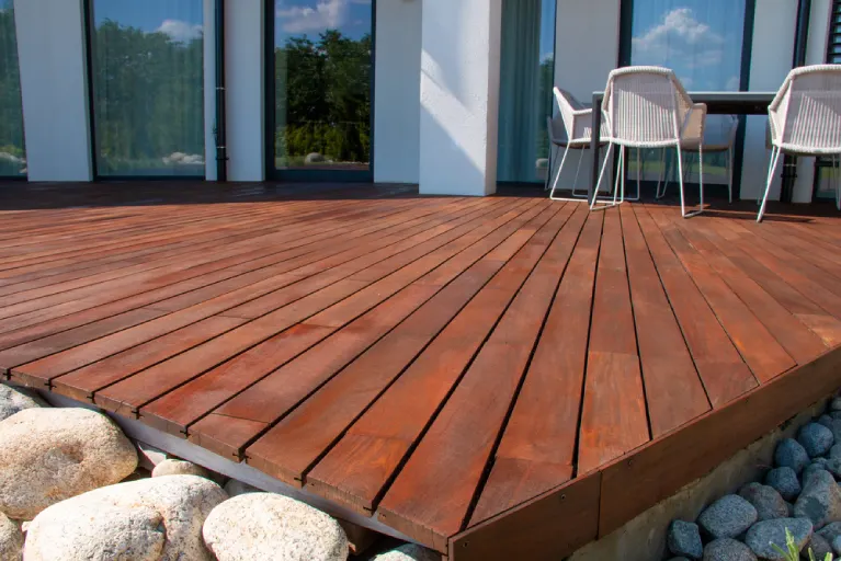 Close-up view of a premium Ipe wood deck in Oceanside, CA—showcasing the rich tone, durability, and high-end appeal of Ipe decking materials.