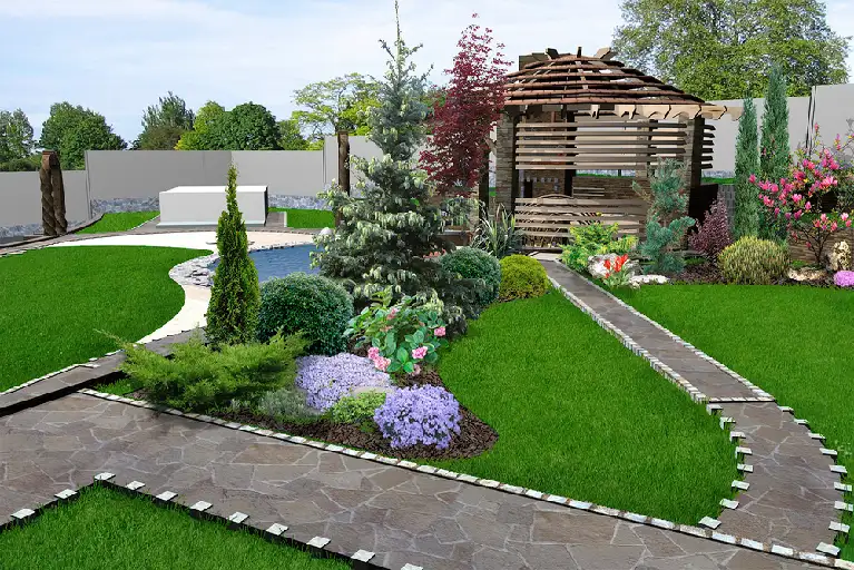 Modern backyard landscape design featuring a stone path, lush green lawn, colorful flower beds, a variety of shrubs and trees, and a wooden gazebo for outdoor relaxation.