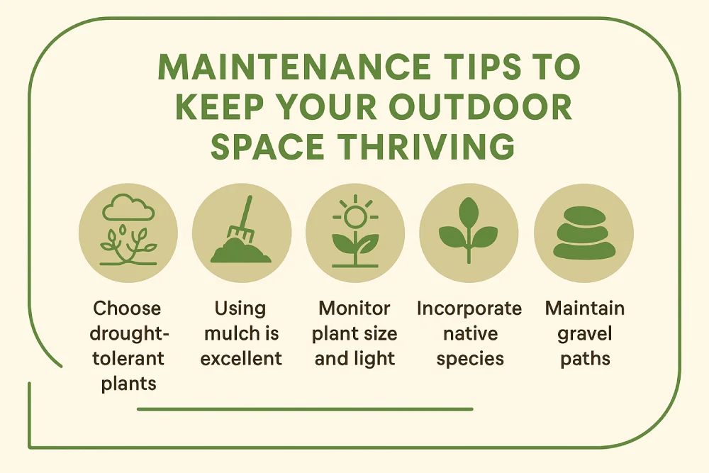 Infographic with five outdoor maintenance tips including drought-tolerant plants, mulch, native species, and gravel path care