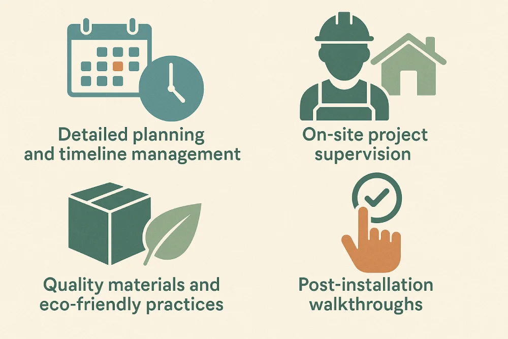 Infographic illustrating outdoor project management steps including planning, supervision, eco-friendly practices, and walkthroughs