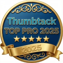 A premium gold and deep blue circular award badge for Papaya Construction Group, featuring ornate filigree, five gold stars, and embossed text that reads "Thumbtack TOP PRO 2025" with a ribbon banner across the bottom.