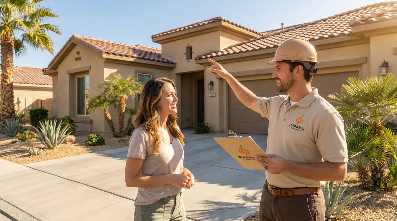 A Papaya Construction Group project manager providing an expert roof repair consultation to a homeowner outside a residence on Leafy Pass in Irvine, CA 92602. He is pointing at the tiled roof, discussing solutions for leaks or storm damage in Orange County.