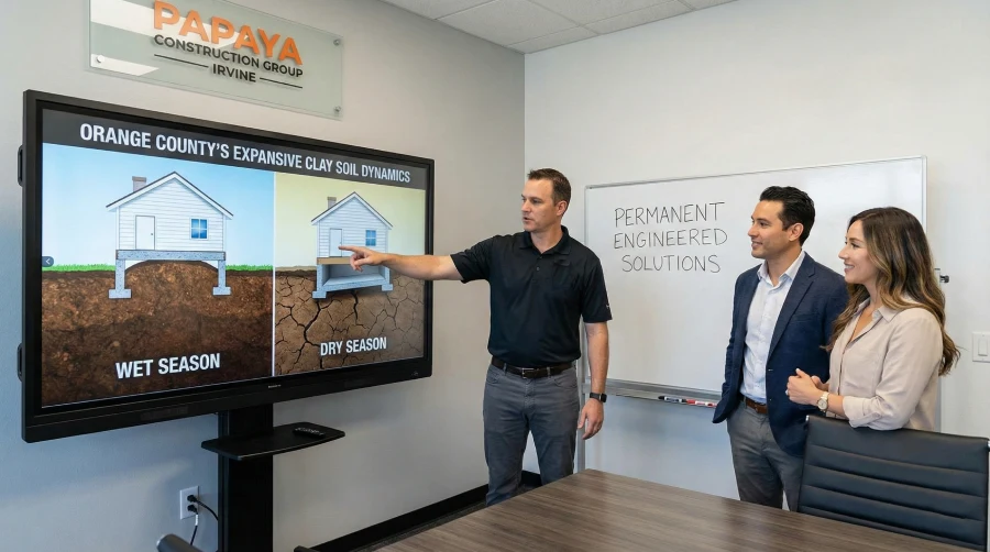 A Papaya Construction Group expert at their Irvine, CA office presenting a diagram on expansive clay soil dynamics and how it impacts foundation stability in Orange County.