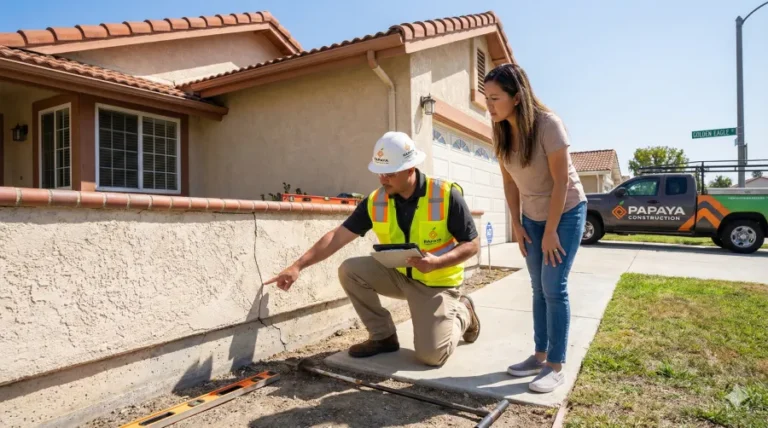 A Papaya Construction Group expert conducting an honest foundation inspection with a homeowner, examining a cracked concrete wall on a hillside property in Irvine, Orange County, CA.