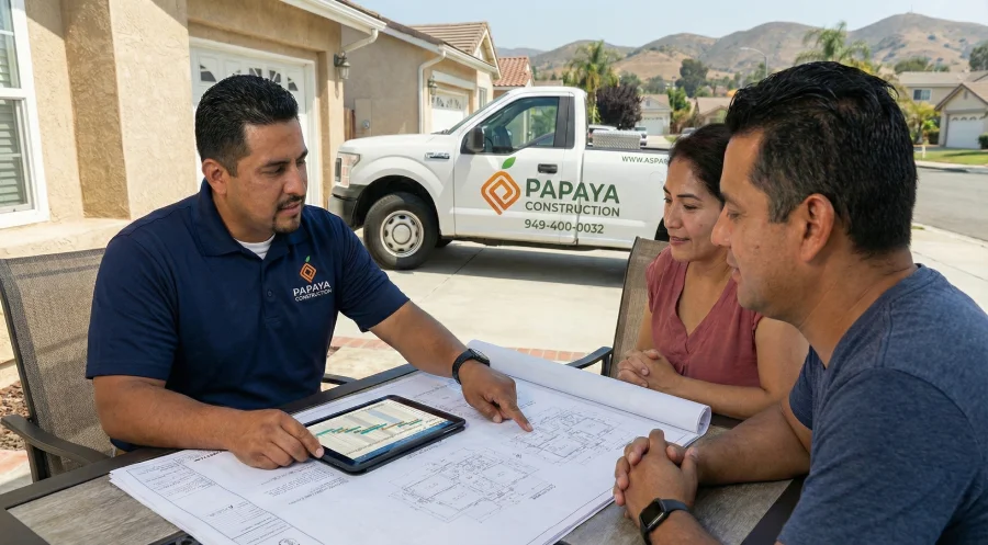 A Papaya Construction project manager, wearing a branded polo with the correct logo, reviews detailed foundation engineering plans with homeowners during a transparent consultation at a residence in Anaheim, CA.