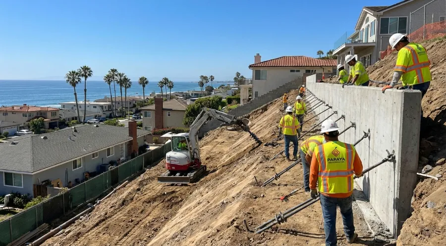 Papaya Construction Group contractors installing a heavy-duty concrete retaining wall and deep soil anchors for hillside repair on a steep coastal property in Long Beach, CA.