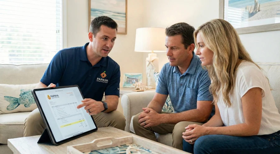 A Papaya Construction Group project manager reviewing a detailed, transparent foundation repair estimate with homeowners on a tablet in their living room in Huntington Beach, CA.