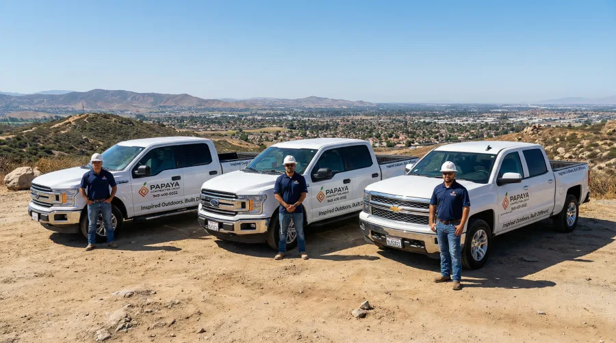Three branded Papaya Construction Group trucks and dedicated crew members staged on a scenic overlook in Moreno Valley, CA, demonstrating our regional capacity for foundation repair across Southern California.
