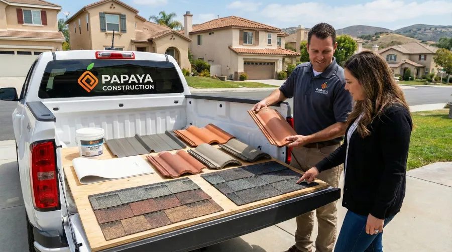 A Papaya Construction contractor consulting with a homeowner on Windflower in Aliso Viejo, CA 92656, helping her select from samples of clay tile, concrete tile, asphalt shingles, metal roofing, and flat roof coatings designated for the Orange County climate.