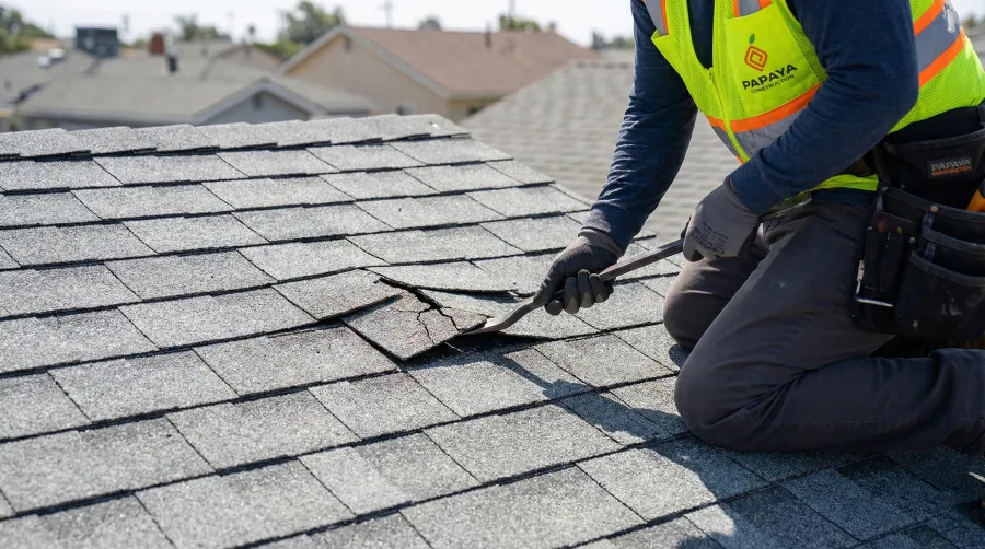 A Papaya Construction worker carefully removing a few damaged shingles for a simple, localized roof repair on N Flower St in Santa Ana, CA 92706, saving the homeowner from the cost of a total replacement.