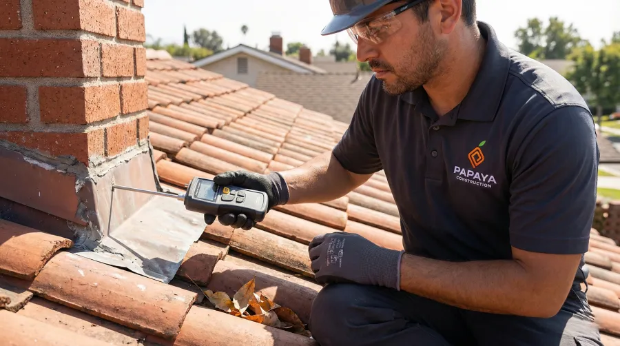 A Papaya Construction inspector using a moisture meter probe to check chimney flashing for leaks during a thorough roof maintenance inspection on a tile roof in Anaheim, CA 92808.