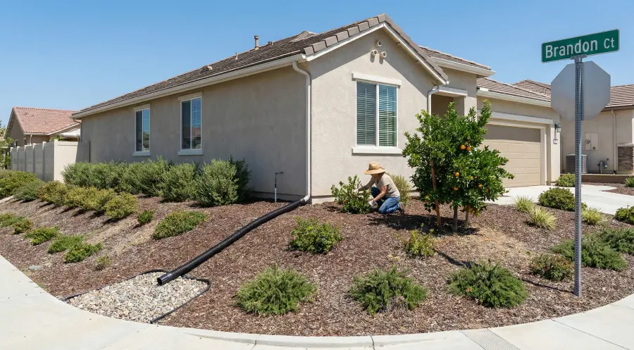 A homeowner on Brandon Ct in Riverside, CA, maintains landscaping near a downspout extension, illustrating preventative maintenance and proper drainage practices to protect the home's foundation.