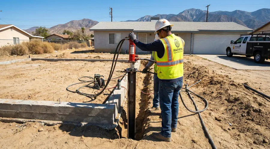 A Papaya Construction Group concrete contractor using hydraulic equipment to install a steel push pier for engineered foundation repair at a residential property in San Bernardino, CA.