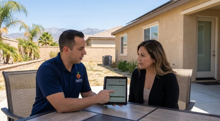 A Papaya Construction Group project manager providing a transparent, itemized foundation repair cost estimate to a homeowner on a tablet at a residence in Fontana, CA.