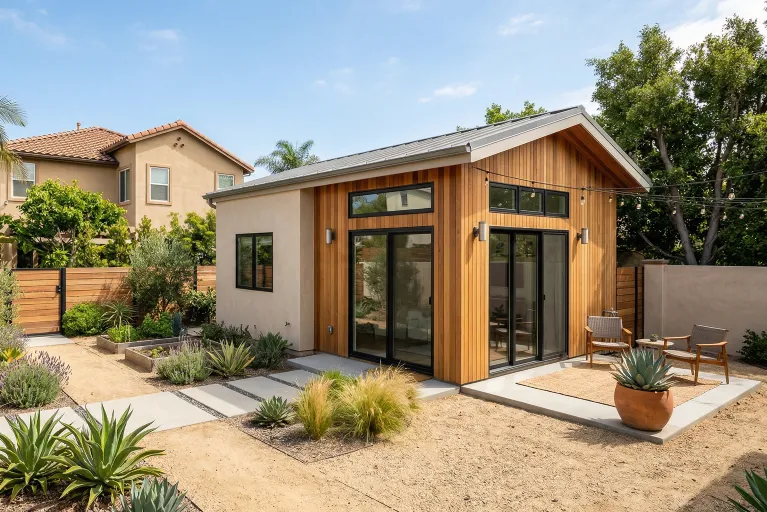 Modern detached ADU beside a main residence in Orange County, CA by Papaya Construction Group.