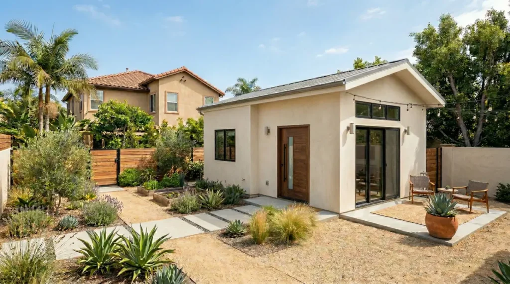 Exterior view of a completed detached backyard ADU in Orange County, CA, featuring modern stucco and wood design with large sliding glass doors. The 'granny flat' is integrated into a drought-tolerant xeriscape garden with agaves, ornamental grasses, concrete pavers, and string lights, showcasing a successful design-build project. The Mediterranean-style main house is visible in the background under palm trees.