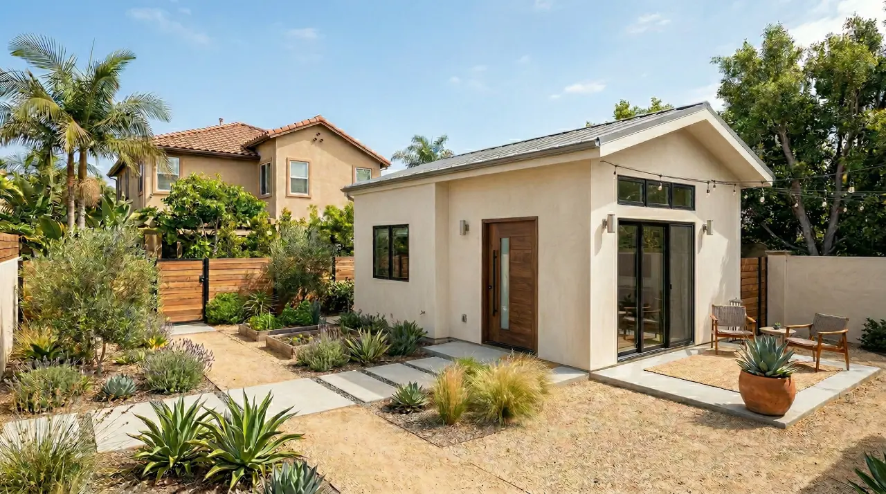 Exterior view of a completed detached backyard ADU in Orange County, CA, featuring modern stucco and wood design with large sliding glass doors. The 'granny flat' is integrated into a drought-tolerant xeriscape garden with agaves, ornamental grasses, concrete pavers, and string lights, showcasing a successful design-build project. The Mediterranean-style main house is visible in the background under palm trees.