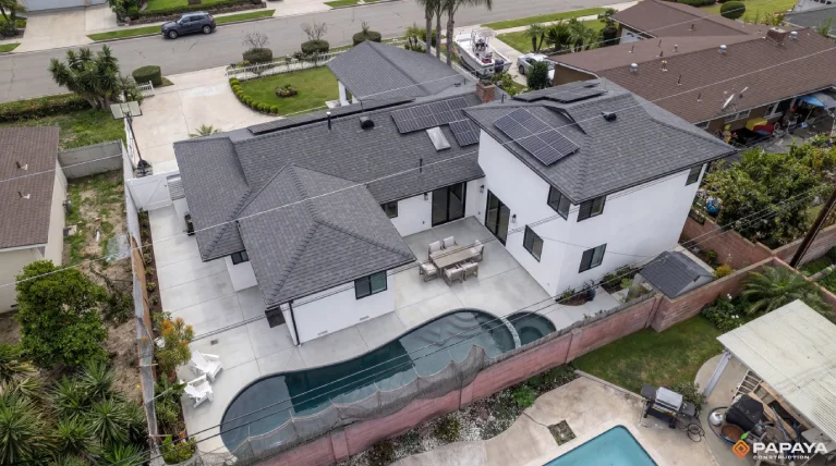 aerial drone view of renovated residential property with new roof and exterior upgrades in Garden Grove CA