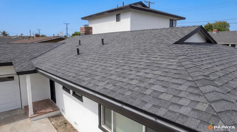 new architectural shingle roof installed on residential property in Garden Grove California exterior renovation