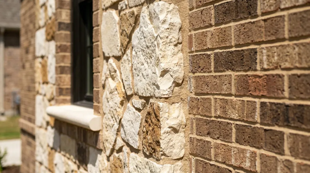 Brick and natural stone veneer exterior detail on an Orange County home