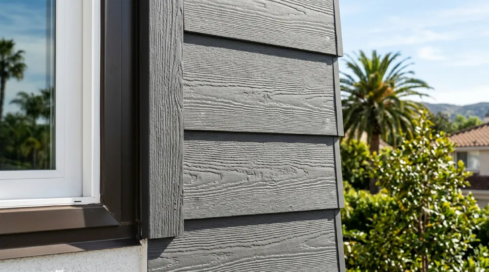 Close-up of engineered wood composite siding on an Orange County home exterior