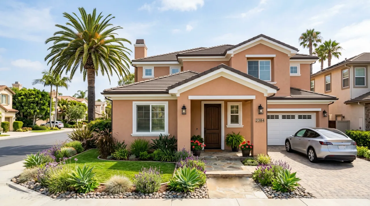 Freshly painted two-story Orange County home with stucco exterior, white trim, tile roof, and landscaped front yard