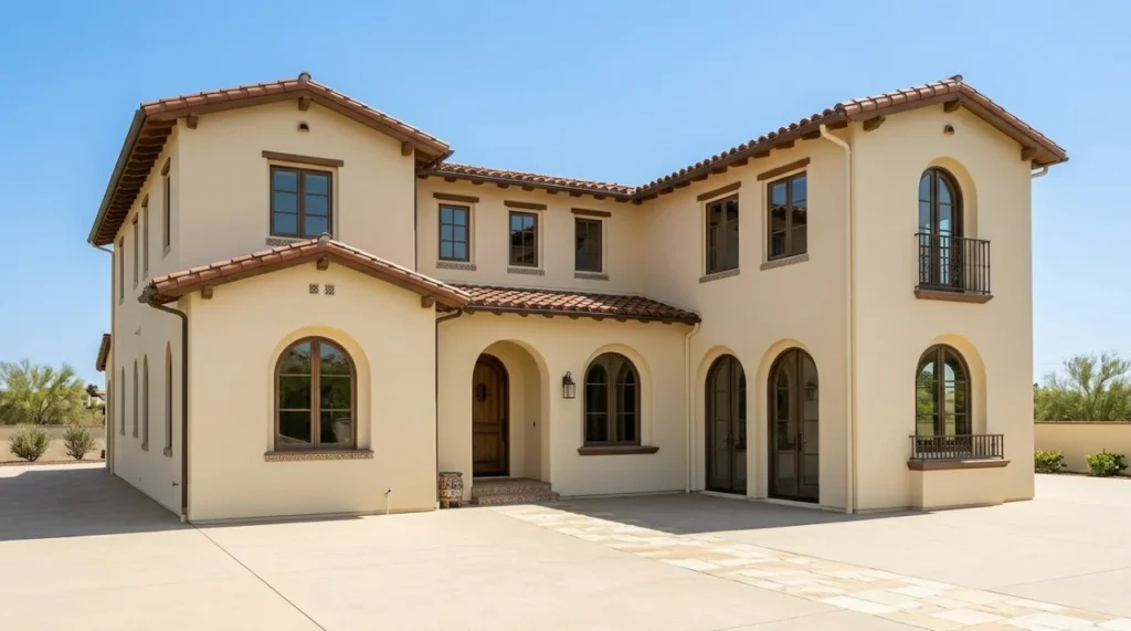 Orange County home with smooth repaired stucco exterior and finished plaster surface