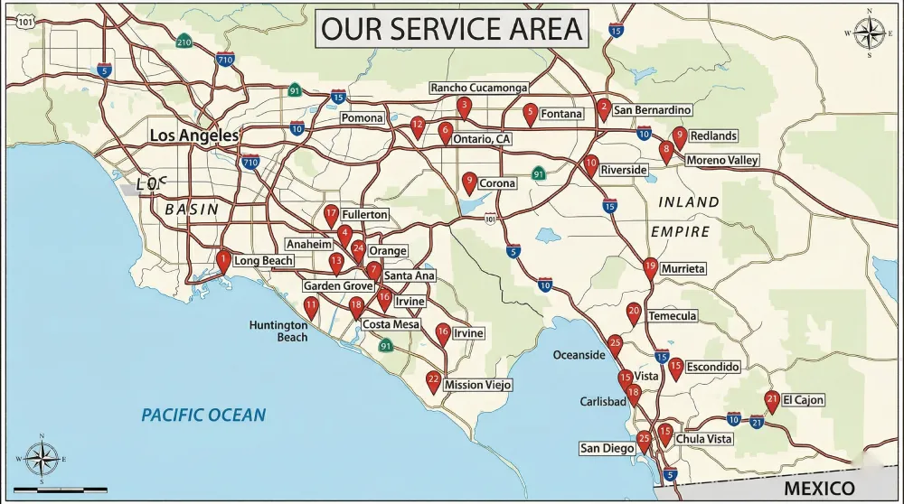 Service area map showing Orange County and surrounding Southern California cities served by Papaya Construction Group