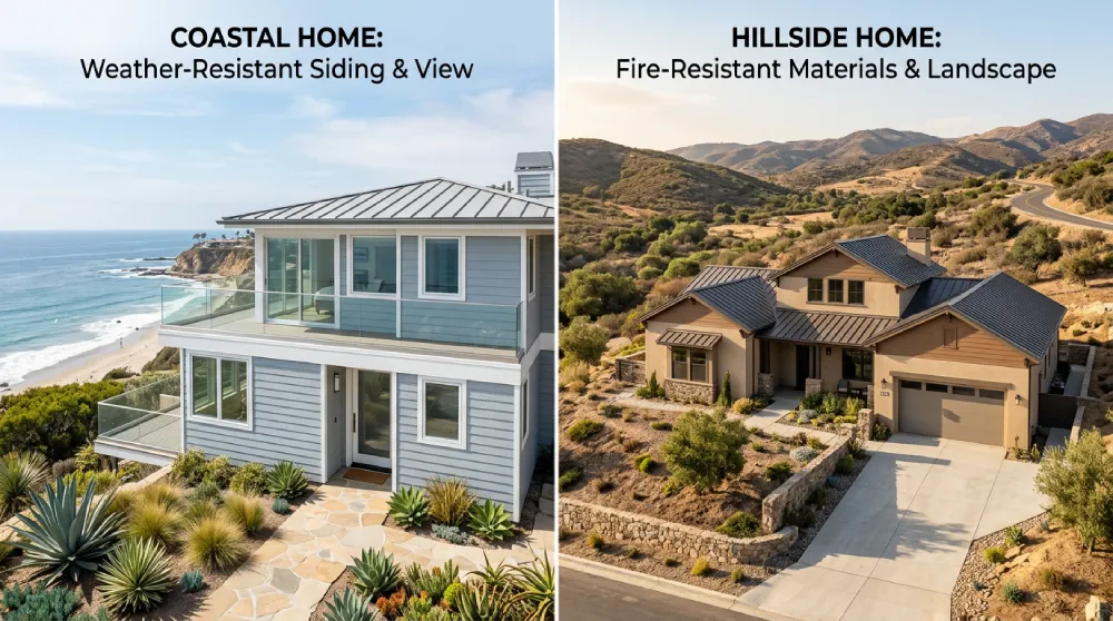 Side-by-side Orange County homes showing siding choices for coastal conditions and fire-resistant hillside protection