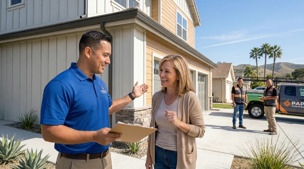 Orange County siding contractor discussing completed exterior work and recommendations with a homeowner