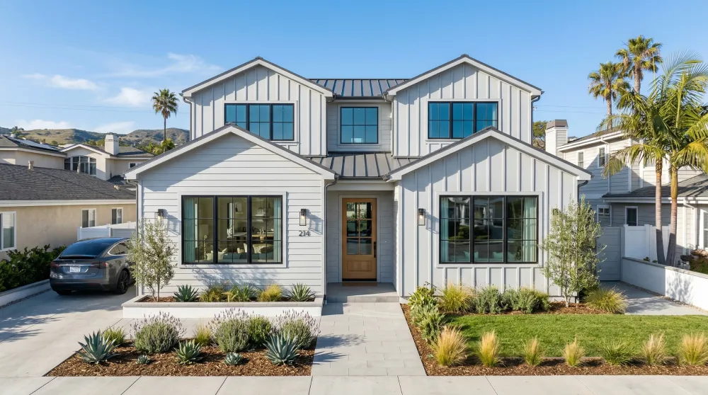 Modern Orange County home with newly installed vertical and horizontal siding and updated curb appeal