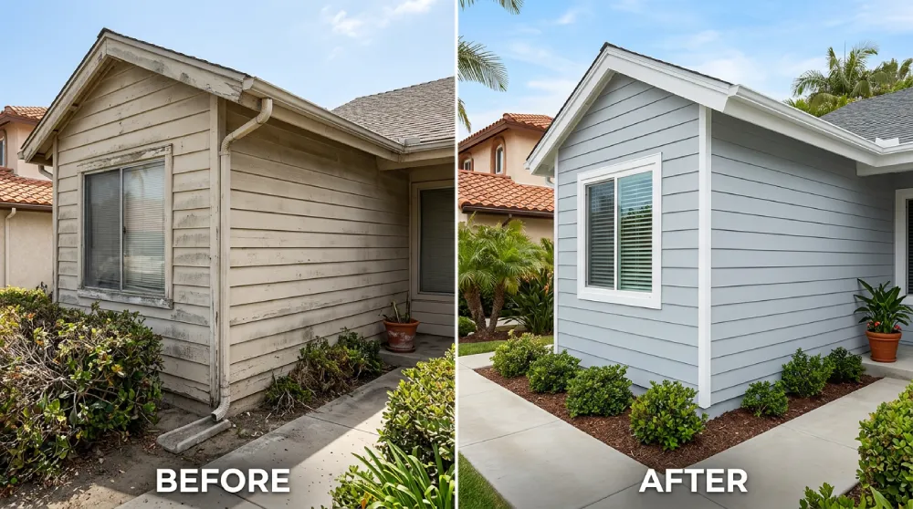 Before and after siding replacement on an Orange County home showing worn old siding and new exterior panels