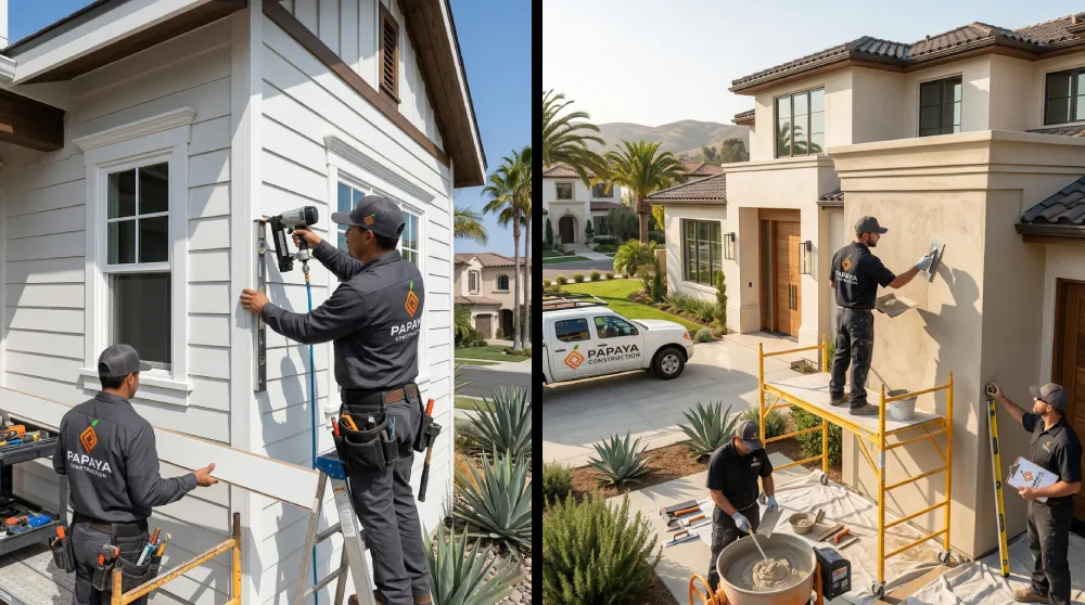 Orange County contractors installing James Hardie siding and applying stucco on residential exteriors