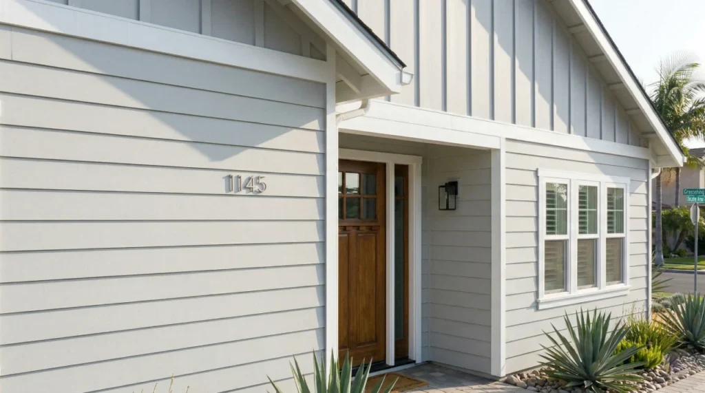 Modern Orange County home exterior with newly installed light gray siding and clean curb appeal