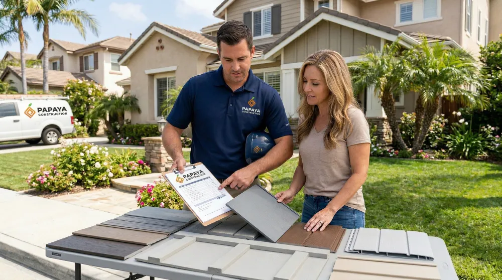 Siding contractor in Orange County discussing project pricing and exterior material samples with a homeowner