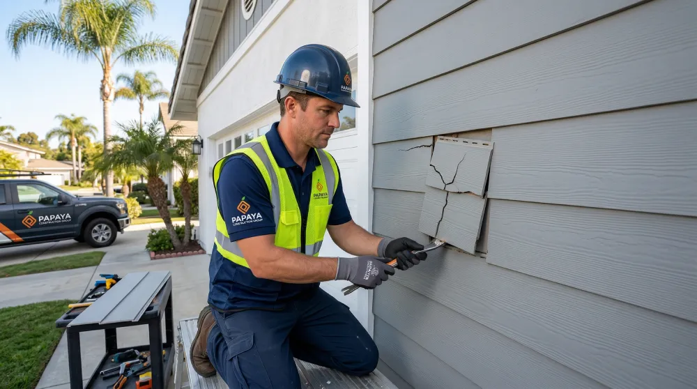 Contractor repairing a cracked siding panel on an Orange County home exterior