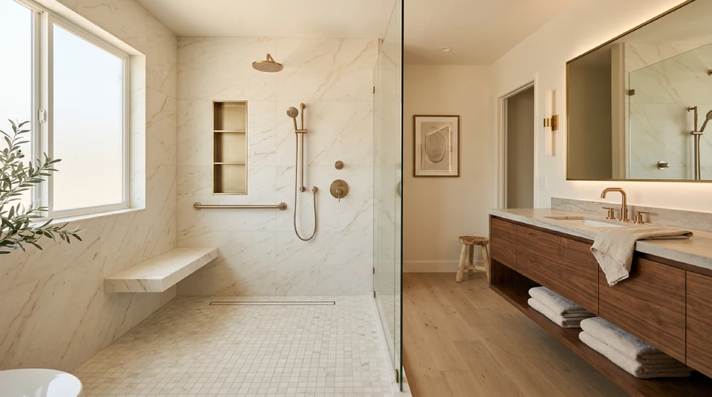 ADA-accessible bathroom remodel by Papaya Construction Group in Orange County, CA — spacious aging-in-place primary bath featuring a generously sized curbless walk-in shower with floor-to-ceiling frameless glass, honed natural stone walls with subtle veining, built-in floating stone bench seat, horizontal brushed brass grab bar integrated as a design element, ceiling-mounted champagne bronze rainfall showerhead, handheld wand on adjustable slide bar, linear floor drain, slip-resistant marble basketweave shower flooring, walnut floating vanity at comfort height with honed quartzite countertop, continuous backlit mirror with brushed brass frame, and warm natural light, illustrating a luxury home retreat designed for full barrier-free accessibility.