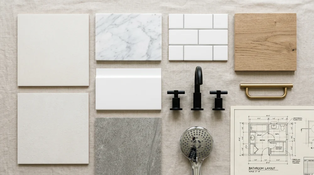 Bathroom remodel material samples and fixtures by Papaya Construction Group, Orange County, CA