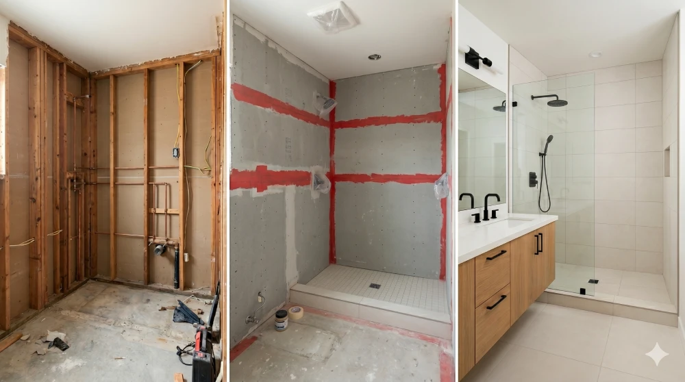 Bathroom remodel timeline by Papaya Construction Group in Orange County, CA — three-stage progression showing the same bathroom moving from demolition and framing rough-in with new plumbing supply lines, through cement board installation with red waterproofing membrane applied at seams and penetrations, to a finished modern bathroom with frameless glass walk-in shower, large-format porcelain tile, light oak floating vanity, white quartz countertop, and matte black fixtures — illustrating the 1 to 4 week active construction phases of a typical Orange County bathroom remodel.