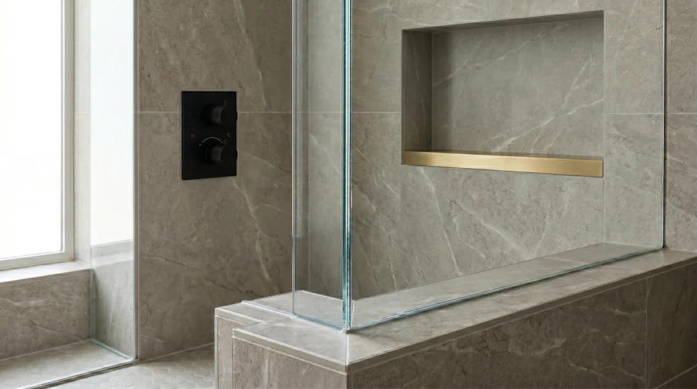 Bathroom remodeling craftsmanship by Papaya Construction Group in Orange County, CA — close-up of a custom walk-in shower featuring large-format stone-look porcelain tile, a precision-built recessed niche with a brushed brass shelf, matte black thermostatic shower valve, and a frameless glass enclosure with seamless corner joint.