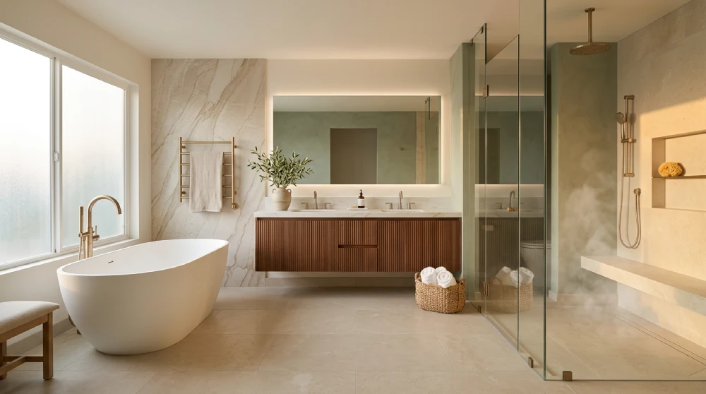 Coastal-modern bathroom remodel by Papaya Construction Group in Orange County, CA — Spanish Colonial-inspired primary bathroom featuring a freestanding soaking tub against a terracotta accent wall, curbless walk-in shower with handcrafted zellige-style tile, brushed brass mixed-metal fixtures, light oak floating vanity with quartz countertop, round wood-framed mirror, woven storage details, and warm natural light, illustrating the 2026 California coastal-modern design direction.